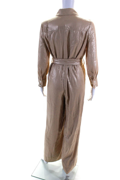 Staud Womens Sequin Collared Long Sleeve Button Up Jumpsuit Beige Size XS