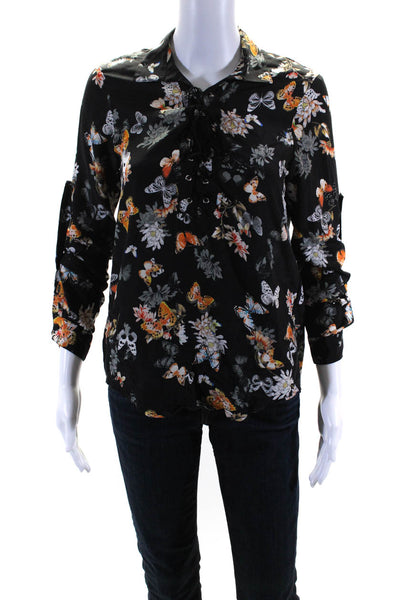 The Kooples Womens Silk Floral Print Lace Up Long Sleeve Blouse Top Black Size 0