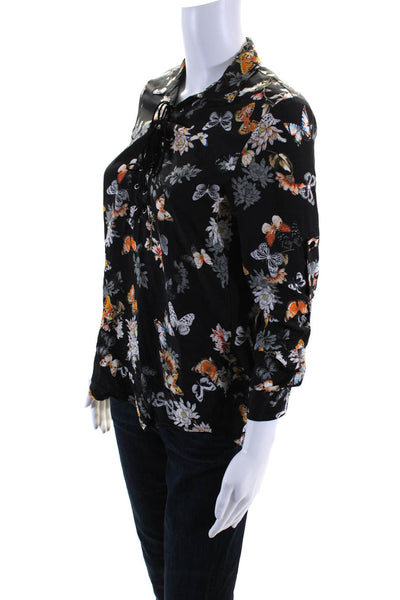 The Kooples Womens Silk Floral Print Lace Up Long Sleeve Blouse Top Black Size 0