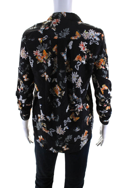 The Kooples Womens Silk Floral Print Lace Up Long Sleeve Blouse Top Black Size 0