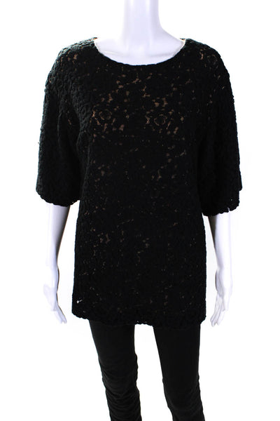 Chloe Womens Black Lace Lined Scoop Neck Short Sleeve Tunic Blouse Top Size L