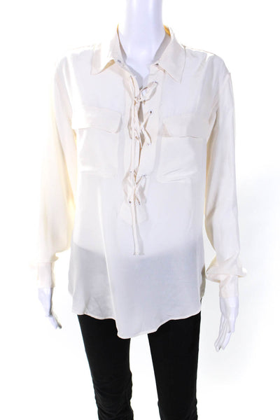 Equipment Femme Womens Ivory Silk Lace Up V-Neck Long Sleeve Blouse Top Size S