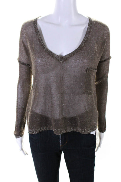 Chan Luu Womens Long Sleeve Lurex Open Knit V Neck Top Brown Size Small