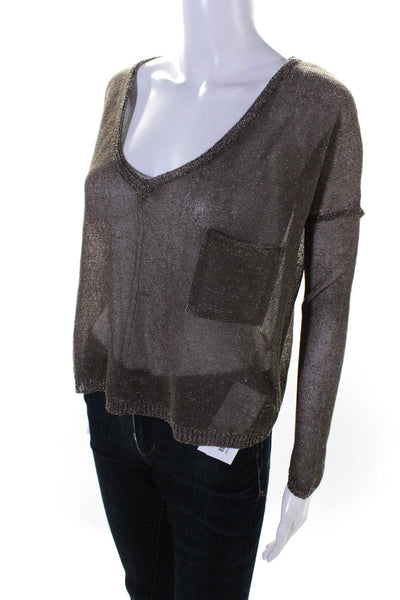 Chan Luu Womens Long Sleeve Lurex Open Knit V Neck Top Brown Size Small