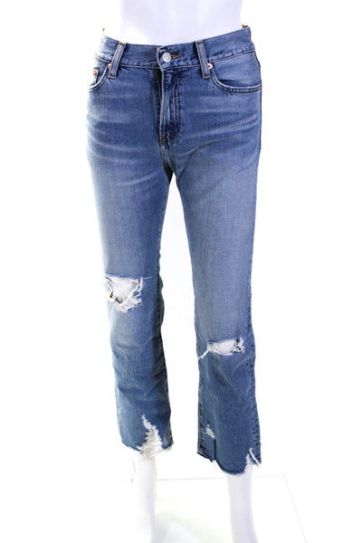 Denimist Womens High Rise Distressed Fringe Joni Straight Leg Jeans Blue Size 24