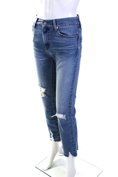 Denimist Womens High Rise Distressed Fringe Joni Straight Leg Jeans Blue Size 24