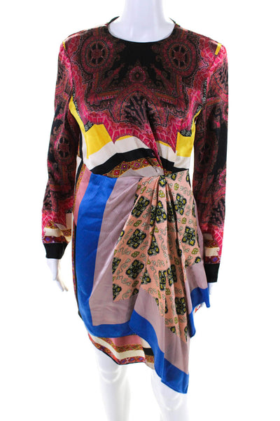 Etro Womens Long Sleeve Crew Neck Paisley Striped Silk Dress Multicolored IT 42