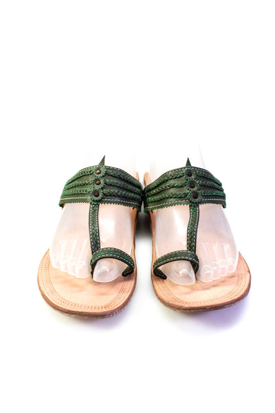Designer Womens Braided Leather Toe Ring Flat Thong Sandals Olive Green Size 8