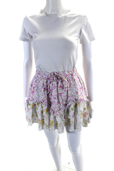 Love Shack Fancy Womens Cotton Floral Print Lined Tiered Mini Skirt White Size M