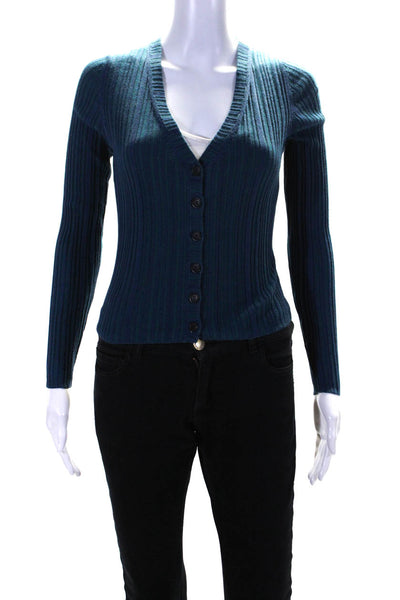 Naadam Silk Long Sleeve Ribbed Button Down V Neck Knit Top Blue Size S