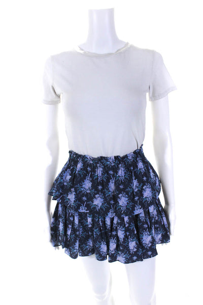 Love Shack Fancy Womens Floral Print Tiered Mini Skirt Blue Size Petite
