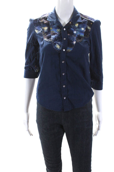 Grey Ant Womens Cotton Galaxy Print 3/4 Sleeve Button Up Shirt Navy Blue Size 4