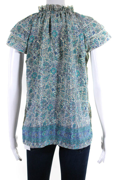 Perry Walker Womens Silk Floral Print Ruffled Sleeves Blouse White Blue Size 2
