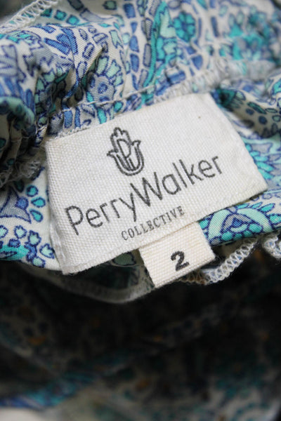 Perry Walker Womens Silk Floral Print Ruffled Sleeves Blouse White Blue Size 2
