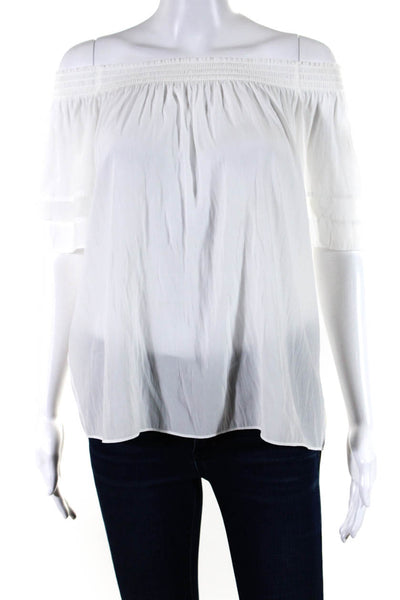 Ramy Brook Womens Smocked Neckline Short Sleeves Blouse White Size Small