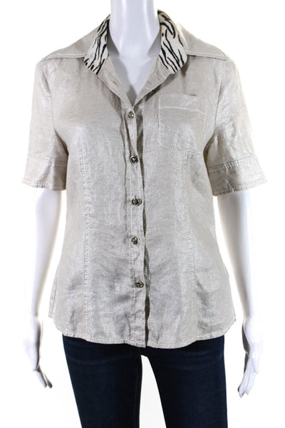 Escada Womens Linen Metallic Animal Print Collared Buttoned Top Beige Size EUR38