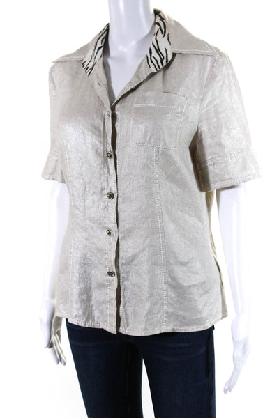 Escada Womens Linen Metallic Animal Print Collared Buttoned Top Beige Size EUR38