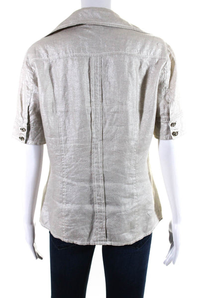 Escada Womens Linen Metallic Animal Print Collared Buttoned Top Beige Size EUR38