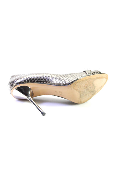 Gucci Womens Silver Snake Skin Embellished Open Toe Pumps Shoes Size 10B