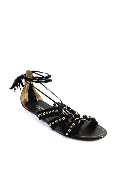 Aquazzura Womens Suede Studded Lace Up Sandals Black Gold Size 37.5 7.5