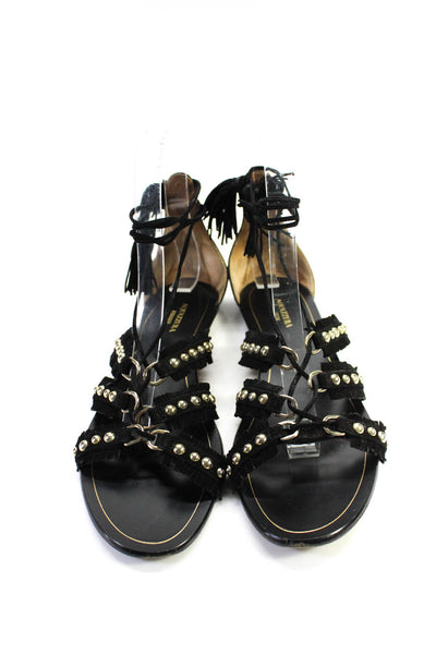 Aquazzura Womens Suede Studded Lace Up Sandals Black Gold Size 37.5 7.5