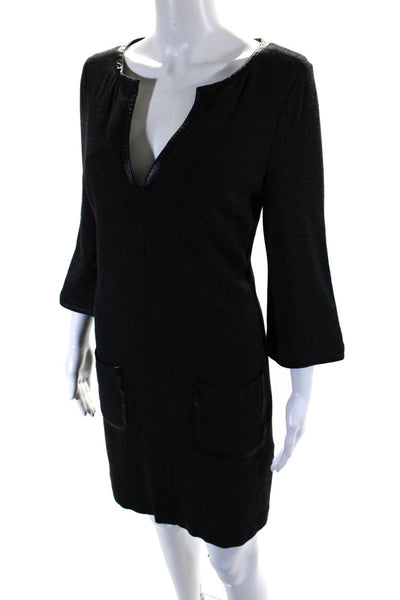 Trina Turk Womens Faux Leather Trim Long Sleeves Shirt Dress Gray Black Size 6