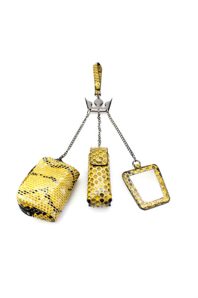Designer Womens Yellow Snakeskin Lipstick Holder Mirror Coin Pouch Crown Chain