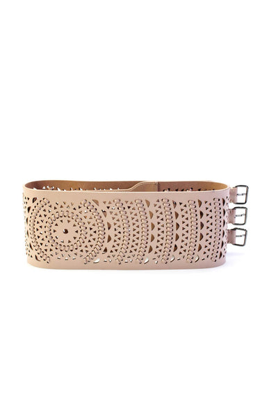 Alaia Womens Wide Width Laser Cut Triple Buckle Belt Brown Leather Size 75cm