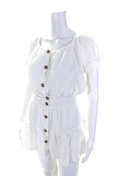 Eberjey Womens Cotton Textured Buttoned Cropped Top Skirt Set White Size L