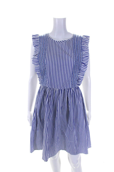 CK Bradley Womens Striped Ruched Ruffle Trim Sleeveless Dress Blue Size M