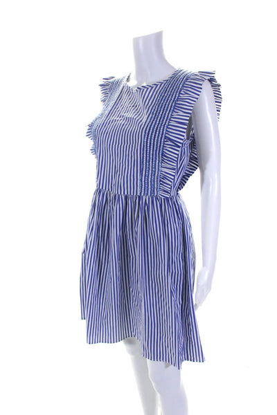 CK Bradley Womens Striped Ruched Ruffle Trim Sleeveless Dress Blue Size M