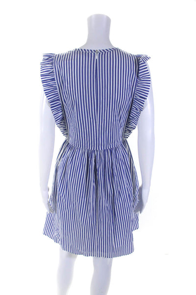 CK Bradley Womens Striped Ruched Ruffle Trim Sleeveless Dress Blue Size M