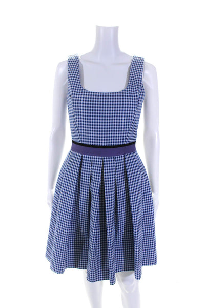 Pinko Womens Cotton Blend Check Print Pleated Sleeveless Dress Blue Size 6