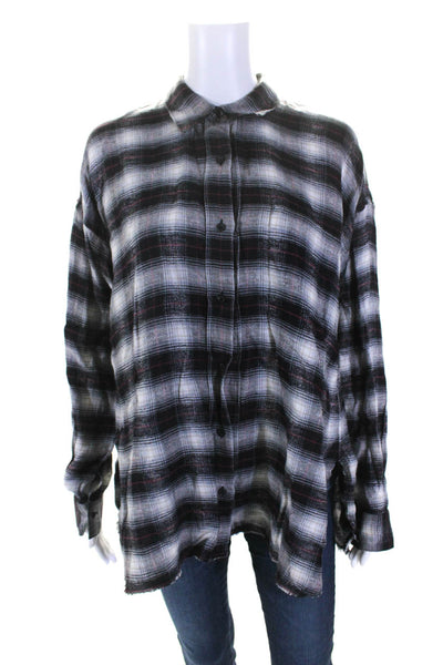 Lis Lareida Womens Button Front Collared Plaid Shirt Gray Black Linen Size FR 36