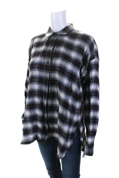 Lis Lareida Womens Button Front Collared Plaid Shirt Gray Black Linen Size FR 36