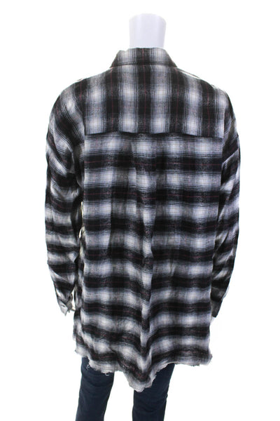 Lis Lareida Womens Button Front Collared Plaid Shirt Gray Black Linen Size FR 36