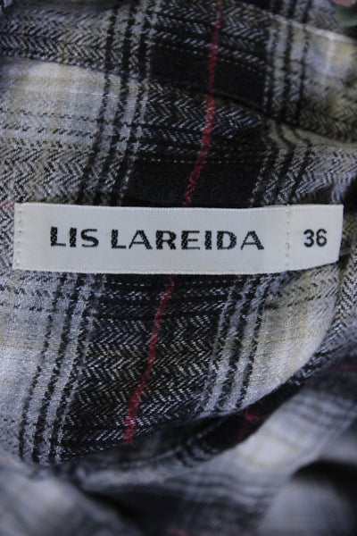 Lis Lareida Womens Button Front Collared Plaid Shirt Gray Black Linen Size FR 36