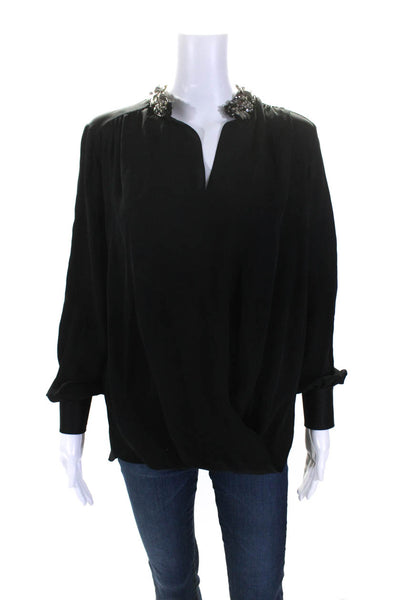 Dice Kayek Womens Long Sleeve Embellished Trim V Neck Silk Blouse Black Small