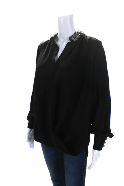 Dice Kayek Womens Long Sleeve Embellished Trim V Neck Silk Blouse Black Small