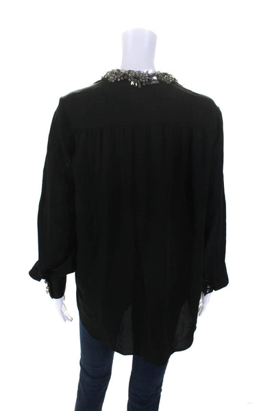 Dice Kayek Womens Long Sleeve Embellished Trim V Neck Silk Blouse Black Small