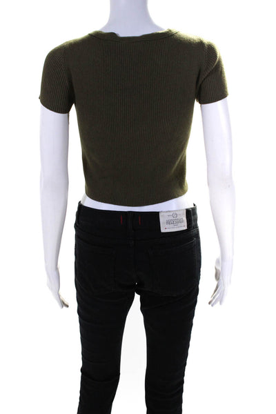 T Alexander Wang Womens Sort Sleeve Ribbed Lace Up V Neck Shirt Green Size XS