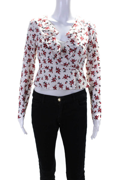 Intermix Womens Long Sleeve Ruffled V Neck Floral Silk Top White Red Size 2