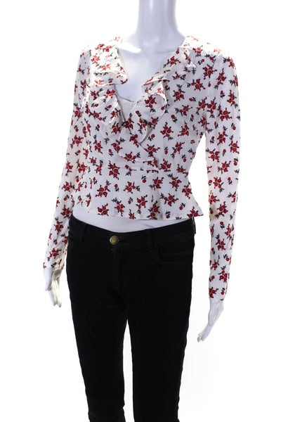 Intermix Womens Long Sleeve Ruffled V Neck Floral Silk Top White Red Size 2