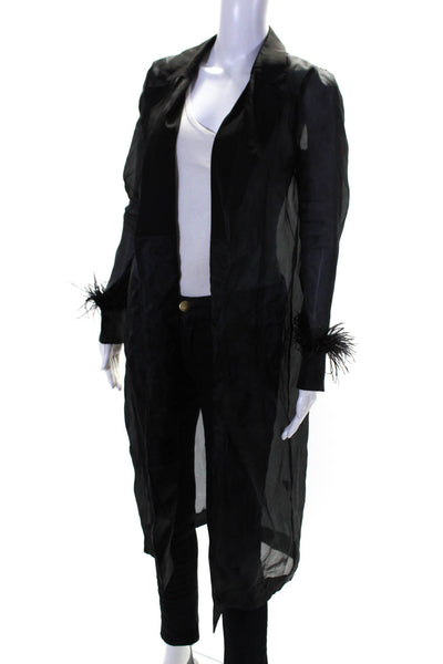 NBD Womens Long Sleeve Feather Fringe Sheer Kimono Jacket Black Size XS