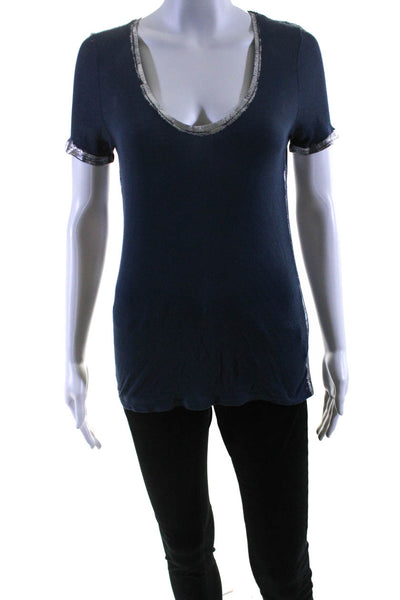 Zadig & Voltaire Womens Jersey Knit Metallic V-Neck Short Sleeve Top Blue Size S