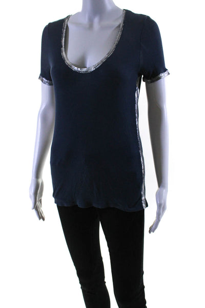 Zadig & Voltaire Womens Jersey Knit Metallic V-Neck Short Sleeve Top Blue Size S