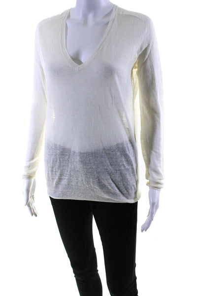 Theory Womens White Linen V-Neck Long Sleeve Pullover Sweater Top Size P