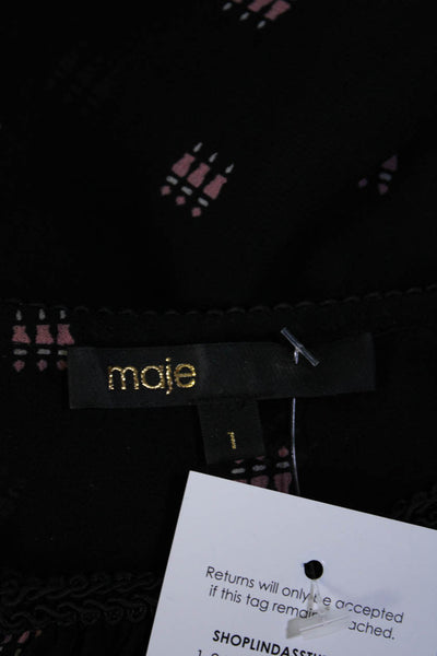 Maje Womens Black Sheer Printed V-Neck Long Sleeve Blouse Top Size 1