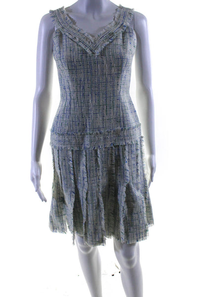 David Meister Womens Blue/Green Textured Fringe Sleeveless Shift Dress Size 2