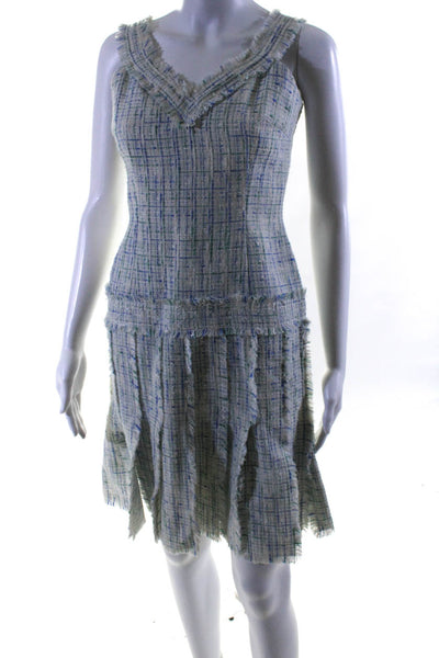 David Meister Womens Blue/Green Textured Fringe Sleeveless Shift Dress Size 2